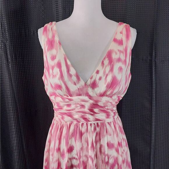 TRINA TURK, LOS ANGELES! SILK! PINK & WHITE ABSTRACT A-LINE CHIFFON DRESS! SZ 10 - Picture 3 of 10